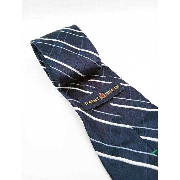 Tommy Hilfiger Mens Vintage Plaid Striped Necktie Navy & White Stripes Classic - Picture 9 of 16